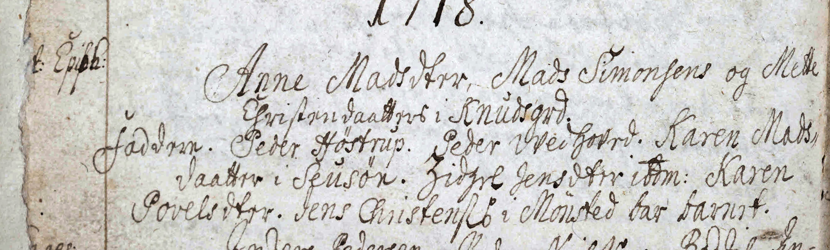 Udsnit af kirkebog, Daab af Anne Madsdatter